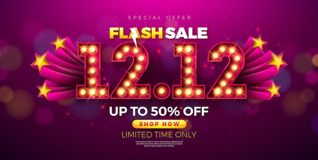 12 de diciembre Día de Compras Diseño de venta flash con número de bombilla 3d 1212 y confeti que cae