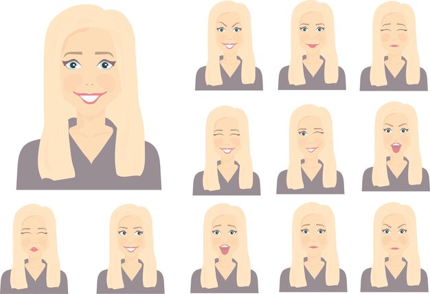 Vector 12 emociones de una mujer de pelo rubio y ojos azules