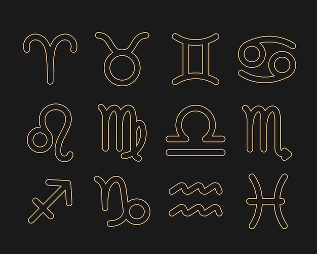 12 estilo de contorno signos del zodíaco Capricornio Acuario Piscis Aries Tauro Géminis Cáncer Leo Virgo Libra Escorpio Sagitario - Oro sobre fondo negro