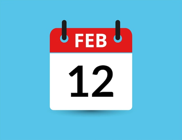 12 de febrero Calendario de icono plano aislado en fondo azul Ilustración vectorial de fecha y mes