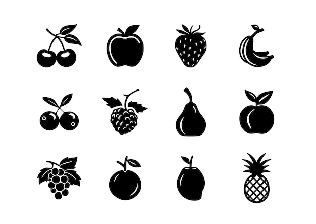 12 frutas paquete de alimentos orgánicos silueta negra ilustraciones vectoriales mínimas