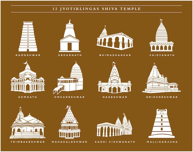 12 Icono vectorial de los templos de Lord Shiva. 12 jyotirlingas templo Shiv templos icono ilustración