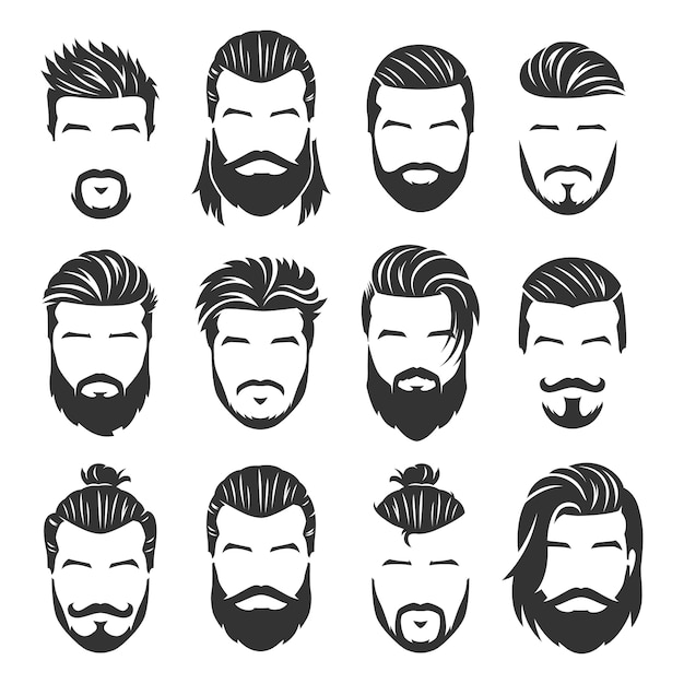 Vector 12 juego de caras de hombres con barba de vectores