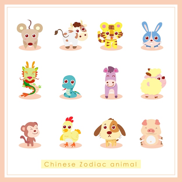 12 pegatinas de animales del zodiaco chino, ilustración vectorial de dibujos animados