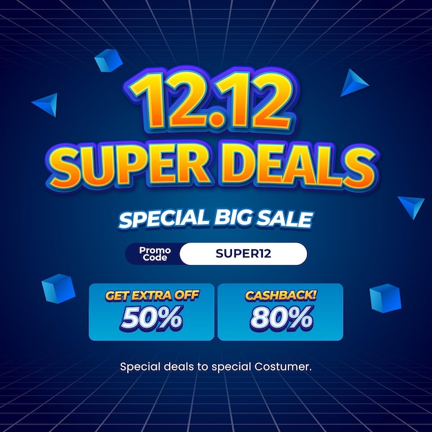 12 Venta de día de compras promoción de ofertas de descuento con vector de banner de objeto 3D de gradiente azul