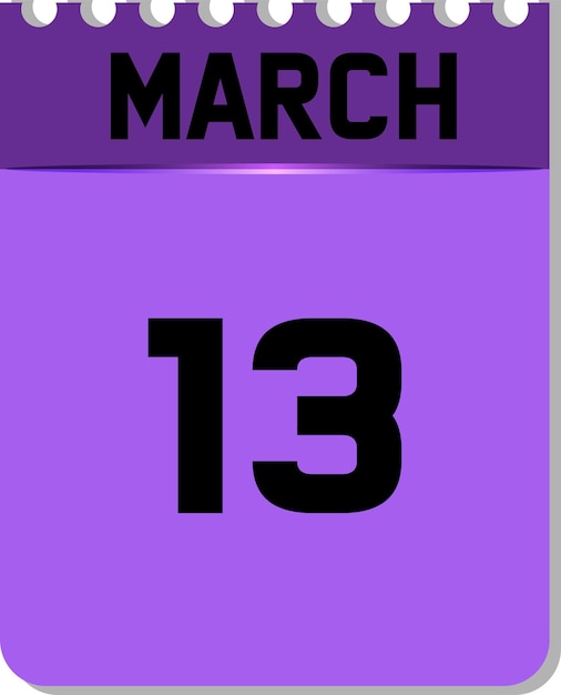 13 de marzo en icono de calendario morado y negro en fondo blanco. puede cambiar de color
