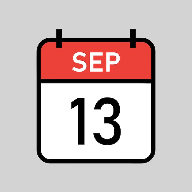 13 de septiembre página de calendario en color rojo y blanco con contorno negro fecha de calendario ilustración vectorial simple