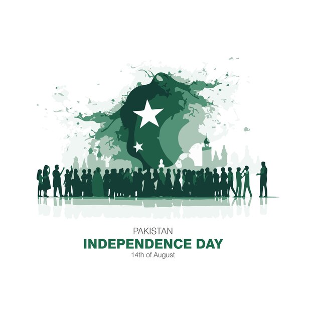 Vector 14 de agosto de día de la independencia de pakistán fiesta y siluetas de personas con la bandera de pakistán