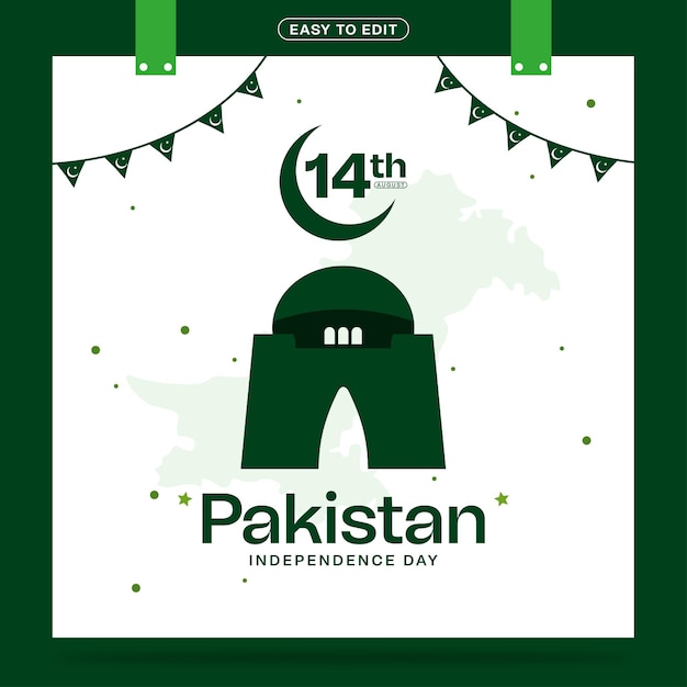 Vector 14 de agosto diseño de plantilla de publicación en redes sociales del día de la independencia de pakistán