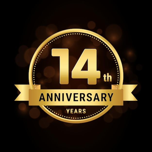 14 aniversario diseño de plantilla de celebración de aniversario con ilustración de vector de logotipo de cinta dorada