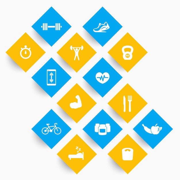 14 fitness, iconos de gimnasio, ejercicio, pictogramas de entrenamiento en formas rómbicas, ilustración vectorial