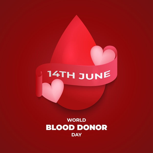 Vector 14 de junio cartel o pancarta del día mundial del donante de sangre con corazones y cinta