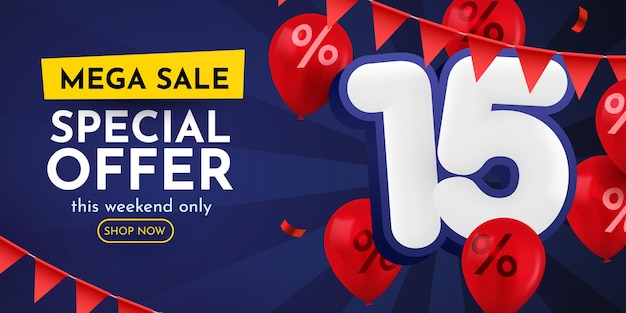 15 por ciento de descuento Composición creativa Mega Venta Ilustración vectorial