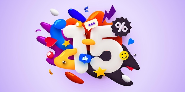 15 por ciento de descuento composición creativa símbolo de venta 3d con objetos decorativos banner y cartel de venta