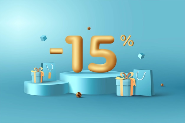 15 por ciento de descuento en números de descuento de oro 3D en el podio con bolsa de compras y caja de regalo