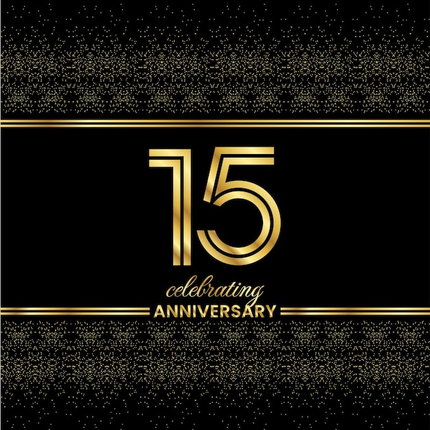15 Cubierta de invitación de aniversario de número de línea doble dorada con purpurina separada por líneas dobles doradas sobre un fondo negro