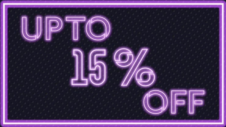 HASTA UN 15 % DE DESCUENTO en el letrero de neón púrpura brillante. Ilustración realista.