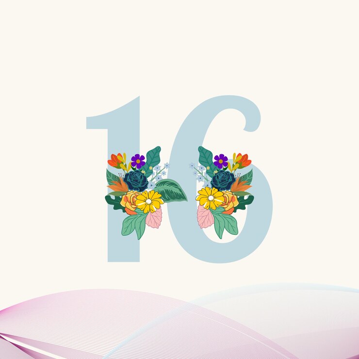 Vector 16 años logotipo 16 aniversario números edad felicita con flores y hojas
