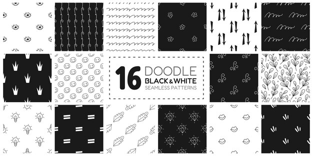 16 Colección de patrones sin costuras de Doodle con elementos dibujados a mano azulejos vectoriales aislados