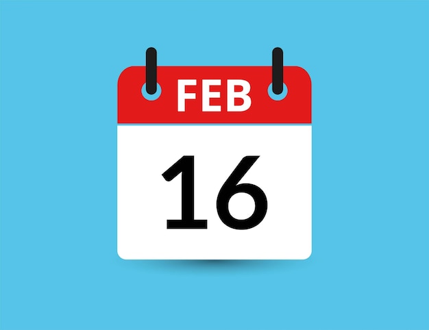 16 de febrero Calendario de icono plano aislado en fondo azul Ilustración vectorial de fecha y mes