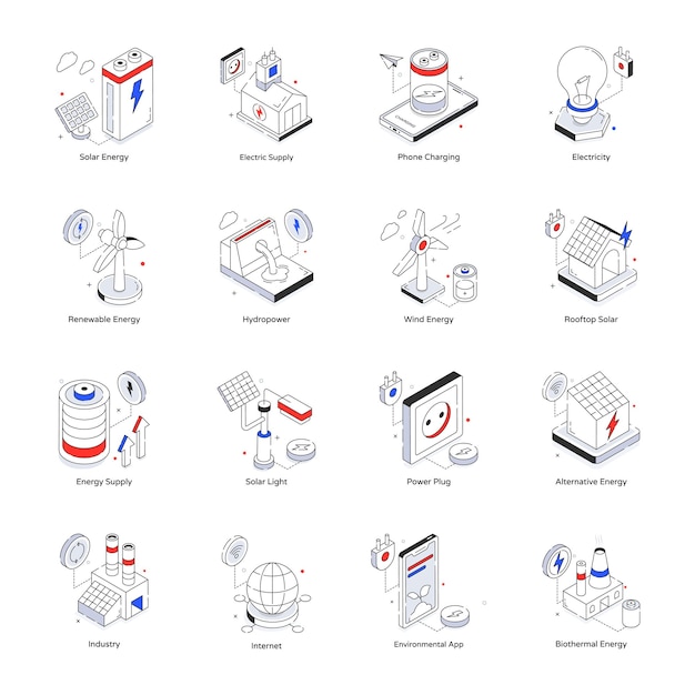 16 iconos isométricos de energía renovable de moda