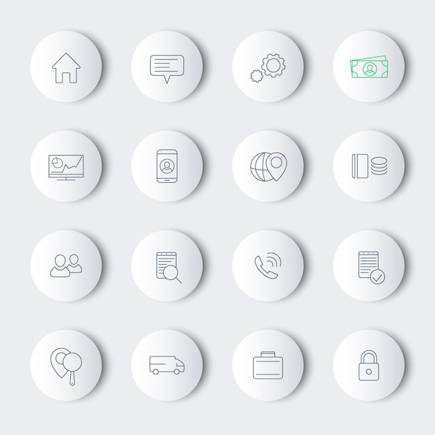16 negocios, finanzas, línea empresarial iconos redondos modernos, ilustración vectorial