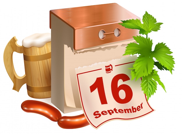 16 de septiembre de 2017 oktoberfest. símbolos del festival de la cerveza jarra de cerveza de madera, lúpulo de hojas verdes, calendario de corte, salchichas fritas