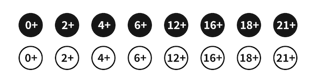 18 más icono de contenido Símbolo de restricción de edad Sólo más de 0 2 4 6 12 16 dieciocho 21 señales de advertencia Símbolos antiguos Iconos de límite Color negro Vector signo aislado