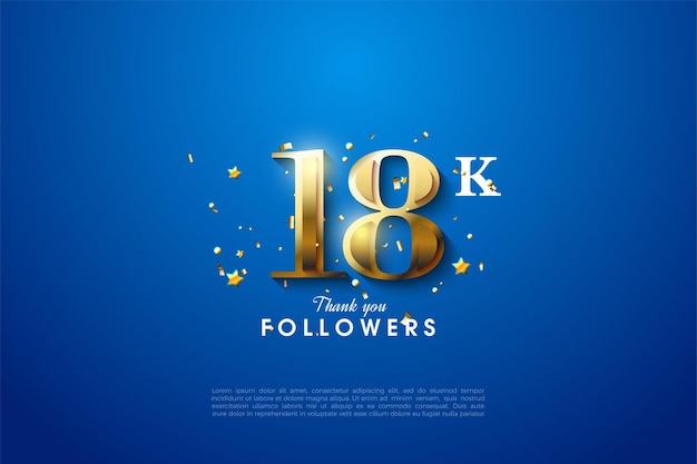 18k seguidores con ilustración de números dorados sobre fondo azul