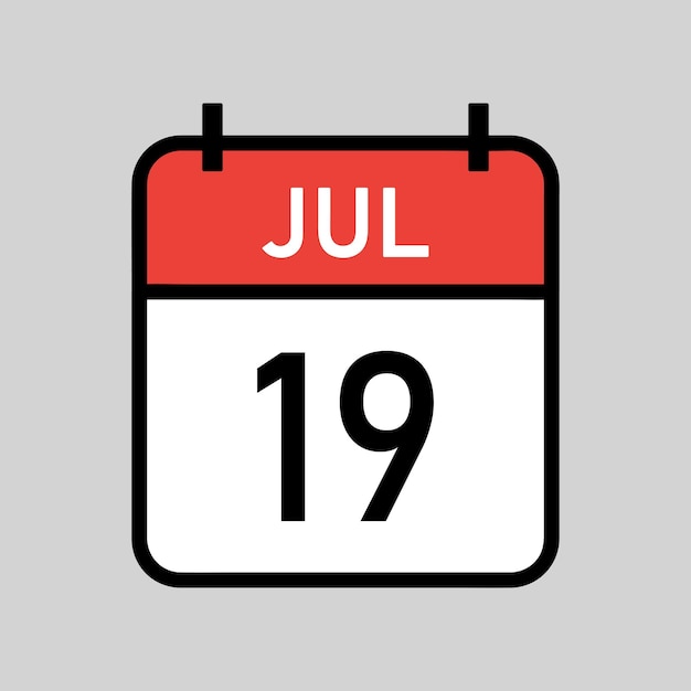 19 de julio página de calendario en color rojo y blanco con contorno negro fecha del calendario ilustración vectorial simple