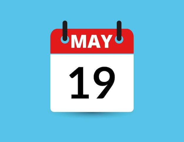 19 de mayo Calendario de icono plano aislado en fondo azul Ilustración vectorial de fecha y mes