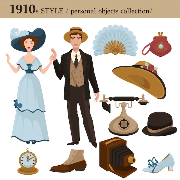 1910 moda estilo y mujer objetos | Vector Premium