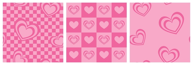 1970 Corazones Retro de patrones sin fisuras sobre fondo rosa a cuadros Ilustración vectorial dibujada a mano
