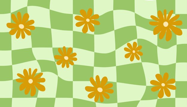 1970 Daisy Flowers y Trippy Grid Patrón sin costuras establecido en colores pastel lilac dibujado a mano Vector Il