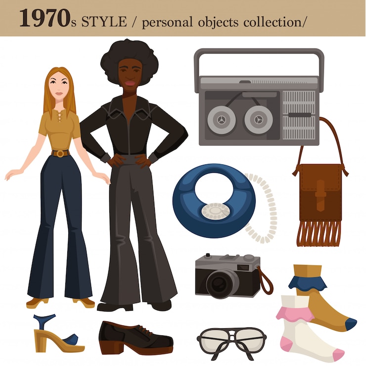 Vector 1970 estilo de moda hombre y mujer objetos personales