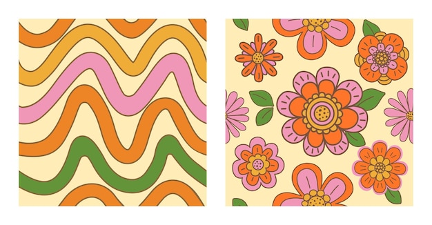 Vector 1970 groovy daisy wavy lines spring pattern pack retro boho background en rosa amarillo naranja