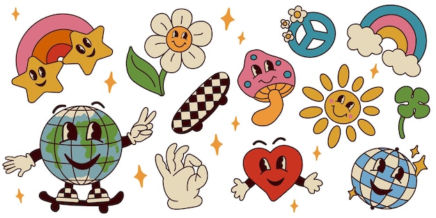 1970 paquete de pegatinas groovy cartoon rainbow daisy mushroom heart sun disko ball earth on skate