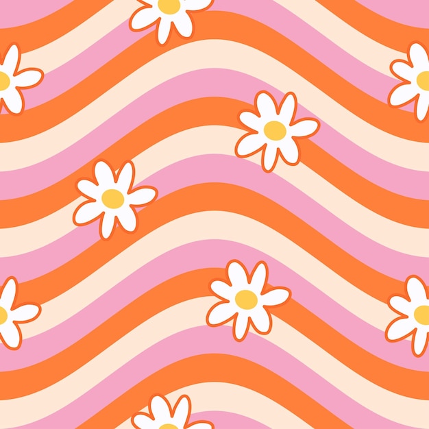 1970 Patrón sin costuras de margarita sobre fondo de líneas onduladas retro naranja, rosa. Estética hippie. dibujar a mano