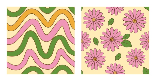1970 Pink Daisy Wavy Lines Spring Pattern Pack Fondo retro en colores rosa amarillo verde