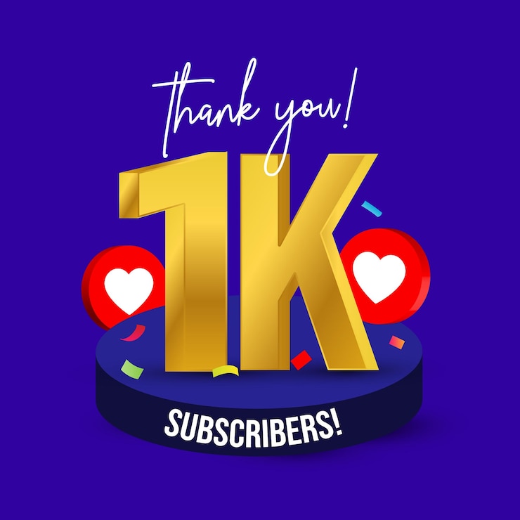 Vector 1k seguidores o suscriptores anuncio de publicación con 1k escrito en color dorado y corazones rojos