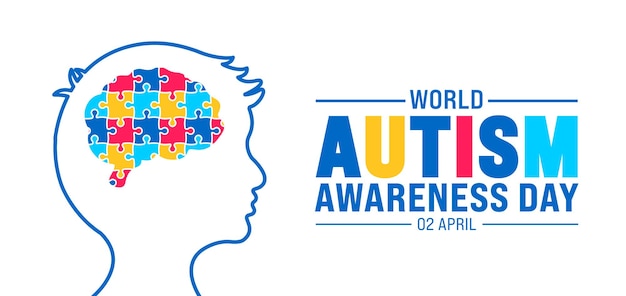 2 de abril: Día Mundial de Concienciación sobre el Autismo: Cabeza de niño con un rompecabezas colorido, diseño de estandarte para el cerebro.