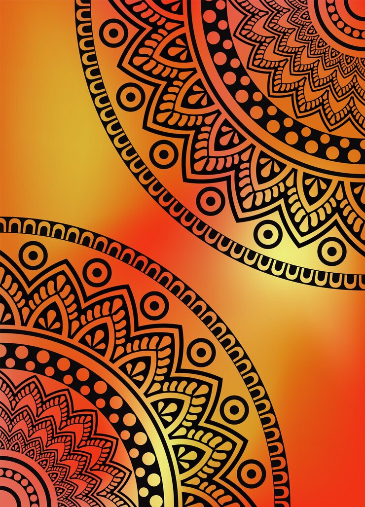2 mandalas negras sobre un fondo rojo y amarillo