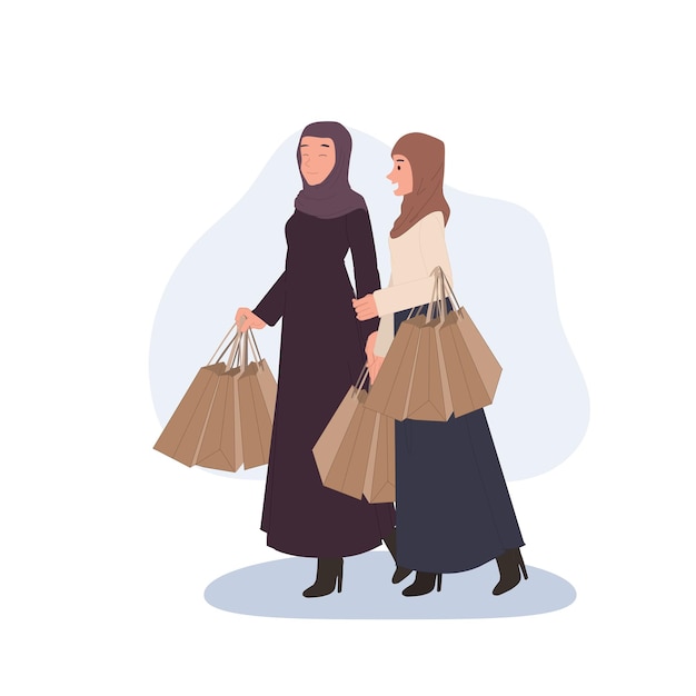 Vector 2 mujeres árabes comprando juntas mujeres musulmanas frineds van de compras con bolsa de compras en las manos ilustración vectorial