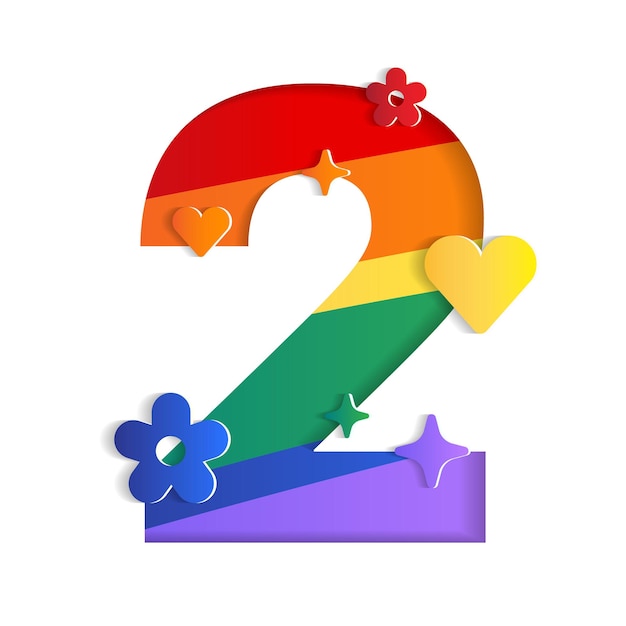2 Número numérico Carácter Letra Orgullo Mes LGBTQ Arco iris 3D Papel Recorte Tarjeta Vector Ilustración
