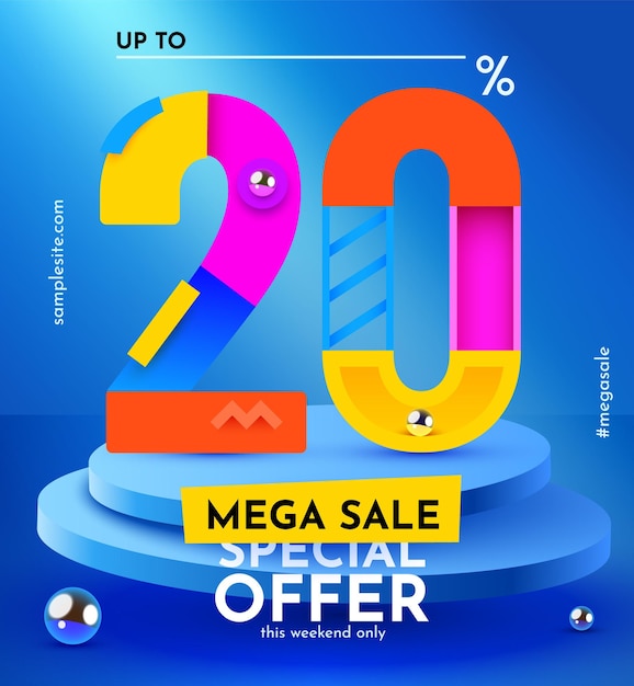 20 por ciento de descuento Composición creativa Símbolo de venta con objetos decorativos y podio Banner y cartel de venta