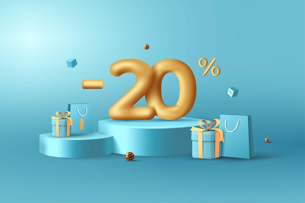 20 por ciento de descuento en números de descuento de oro 3D en el podio