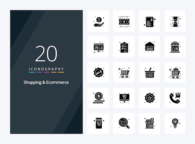 20 Compras Comercio electrónico Icono de glifo sólido para presentación Ilustración de iconos vectoriales