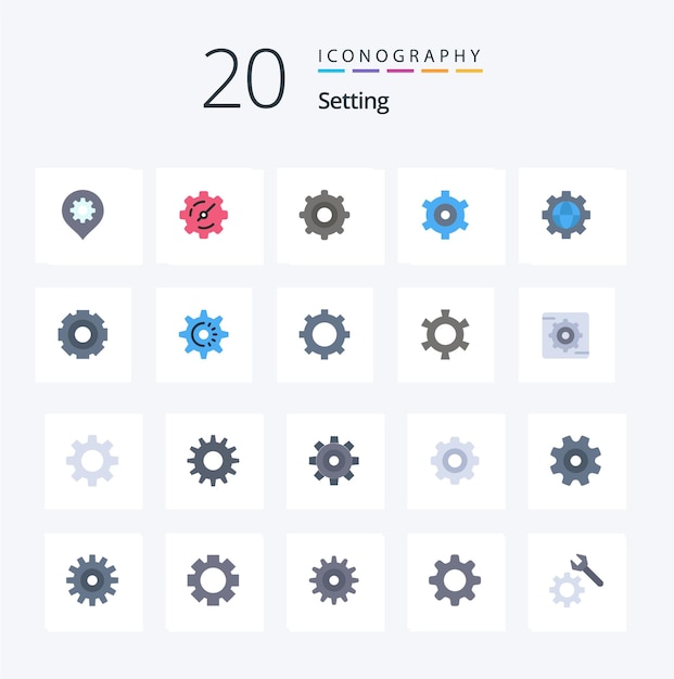 20 Configuración del paquete de iconos de color plano como configuración del temporizador de configuración de la ubicación de los engranajes