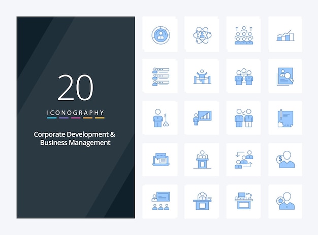 20 Desarrollo corporativo y gestión empresarial Icono de color azul para presentación Ilustración de iconos vectoriales