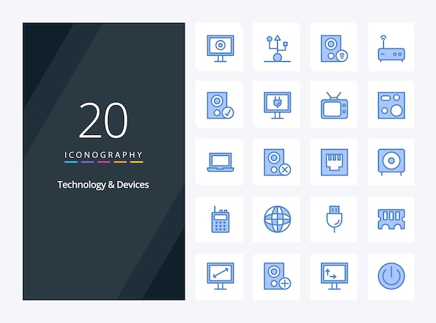 20 Dispositivos Icono de color azul para presentación Ilustración de iconos vectoriales
